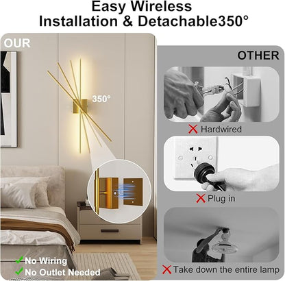 Shineled Wall Sconces Set of 2, 29'' Battery Wall Sconce with Remote Control, 350° Gold Rotatable Dimmable Wall Lamp, Wireless Wall Lights for Bedroom, Living Room