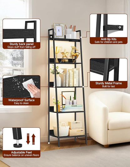 5-Tier Small Ladder Shelf with LED Lights, Touch & Remote Control, 3 Color Temperatures, Dimmable Tall Corner Standing Bookcase, Metal Wood Display Shelf for Living Room, Bedroom(Black)