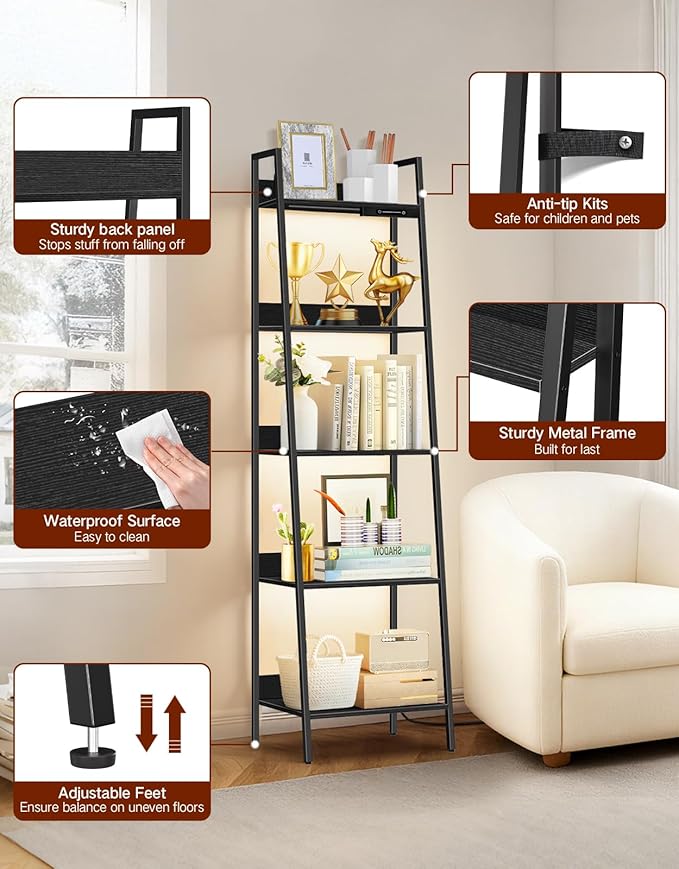 5-Tier Small Ladder Shelf with LED Lights, Touch & Remote Control, 3 Color Temperatures, Dimmable Tall Corner Standing Bookcase, Metal Wood Display Shelf for Living Room, Bedroom(Black)