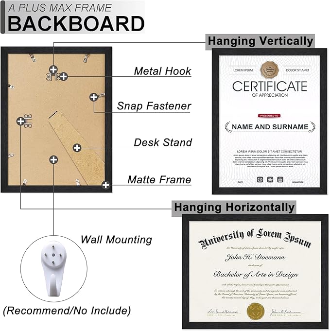A PLUS MAX Black 8.5 x 11 Frame, Engineered Wood Frame with Wood-grain for Display 8.5 by 11 Document Award Certificate Wall and Tabletop - 1 Pack/Black/8.5x11