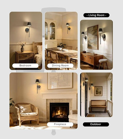 UME Wireless Sconces Set of 2 with Remote, 5200mAh Battery Powered Sconces - Small Rechargeable Sconces w/ 3 Color Temps & 5 Brightness Levels for Bedroom, Living Room, Wall Painting, Cafe (Black)