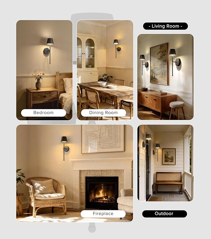UME Wireless Sconces Set of 2 with Remote, 5200mAh Battery Powered Sconces - Small Rechargeable Sconces w/ 3 Color Temps & 5 Brightness Levels for Bedroom, Living Room, Wall Painting, Cafe (Black)