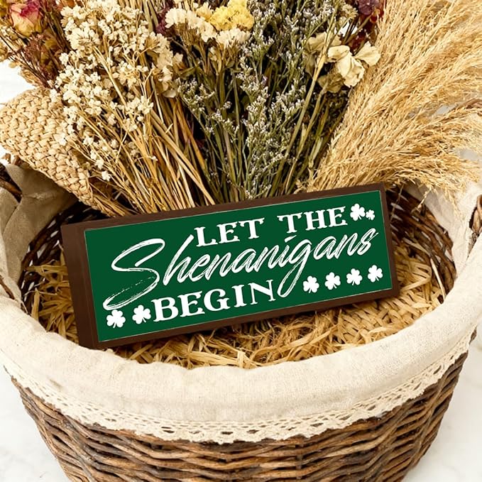 Farmhouse St Patricks Day Decor, Rustic Green Shamrock Wood Block Sign, Irish Holiday Party Decors for Table Shelf, Desk Decor Art, Housewarming Gift, 9.5x3.1x1 inches