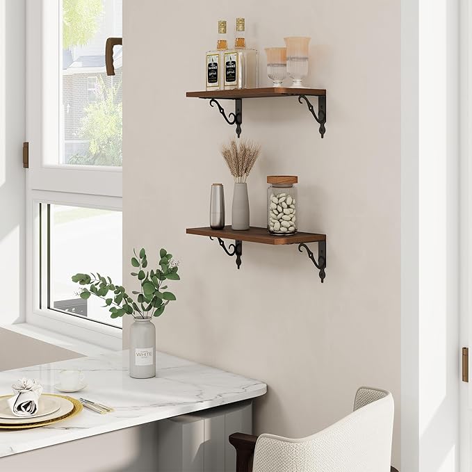 RICHFOCUS Floating Shelves for Wall Decor, 8 Inch Deep Shelves Set of 2, 16W x 8D Floating Shelves Wall Mounted with Metal Brackets, Rustic Wood Shelves for Living Room Bedroom Kitchen, Walnut