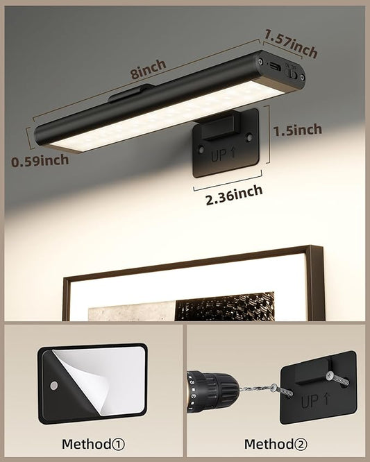 EZVALO Picture Light for Wall, Rechargeable 2400mAh Battery Lights Wireless Remote, 3 Color & Dimmable Magnetic 7.8'' LED Lights Display for Painting, Living Room, Gallery, Bedroom(Black-3P)
