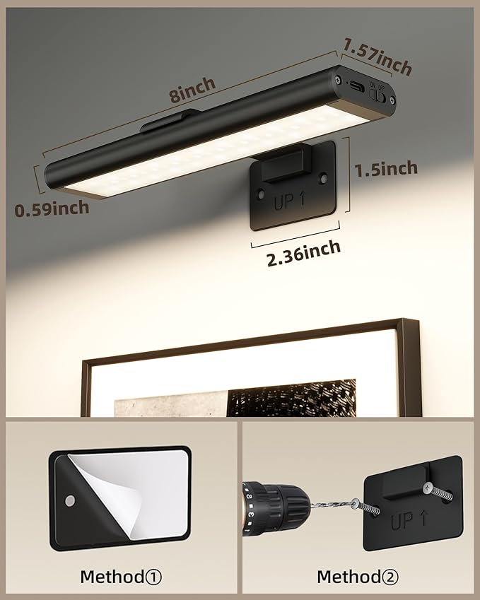 EZVALO Picture Light for Wall, Rechargeable 2400mAh Battery Lights Wireless Remote, 3 Color & Dimmable Magnetic 7.87'' LED Lights Display for Painting, Living Room, Gallery, Bedroom(Black-2P)