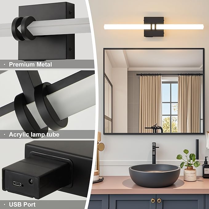 Battery Operated Wall Sconce 1Pack, Black Rechargeable Wall Lights with Dimmable Remote Control, 22 Inch 3000K-6000K LED Wireless Wall Lamps for Bedroom, Hallway, Background Wall