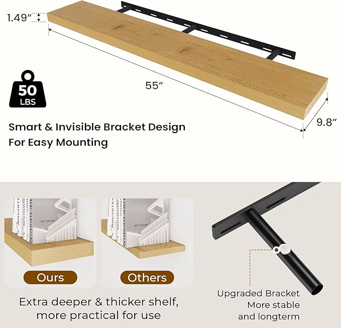 Dreamland 55 Inches Floating Shelves for Wall, 9.8" Deep Long Floating Shelves Set of 2, Large Display & Storage Shelf, Wall Shelf for Bathroom Bedroom Living Room Kitchen Office, Oak