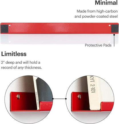 Vinyl Record Shelf - A Metal Display Shelf - Wall Mount Now-Playing Vinyl Shelves - an Album Record Holder That Doubles as a Picture Ledge - Fits All Records (Red)