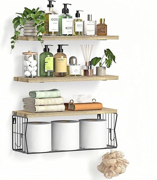 Floating Bathroom Shelves Wall Mounted - Wooden Shelf Set of 3 for Over Toilet Storage & Farmhouse Bathroom Decor - Perfect Shelving Organizer for Apartments RVs Powder Room Restroom - Wood