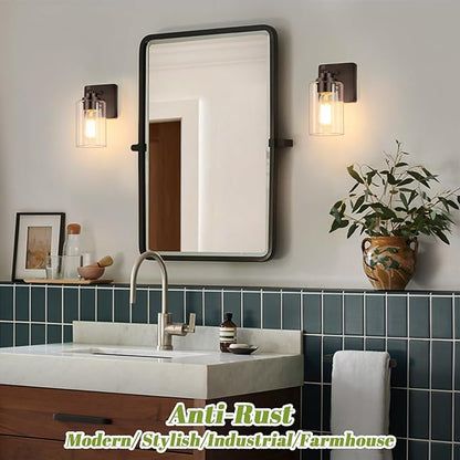 VerRon Set of 2 Wall Sconces for Bathroom, Modern Vanity Light Fixtures, Oil Rubbed Bronze Mount Lighting Lanterns, Farmhouse Wall Lights with Clear Glass Shade for Bedroom Living Room Mirror Hallway