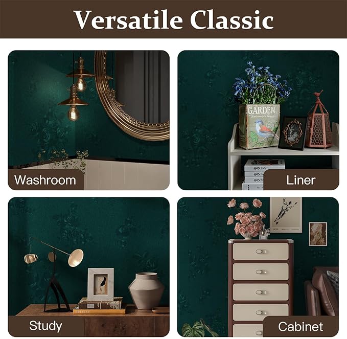 Dimoon 17.7''x78.7'' Green Peel and Stick Wallpaper Gothic Floral Wall Paper Contact Paper Closeout Renter Friendly Modern Self Adhesive Damask Cabinet Vinyl Roll(78.7''x17.7'', Green Floral Textured)