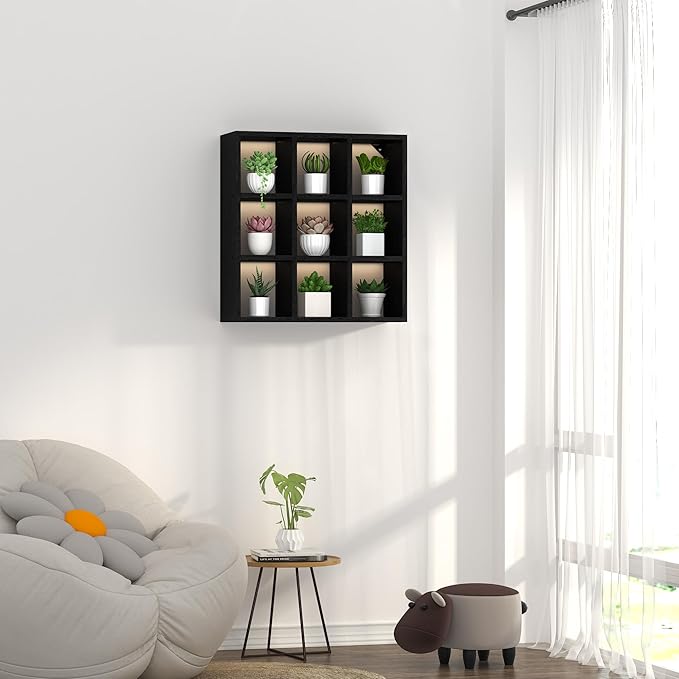 Helsin 9 Grid Vintage Coffee Mug Display Rack, 16inch Wall Mounted Wooden Curio Shadow Box Shelf, Cup Floating Shelves Display and Organizer (Black)
