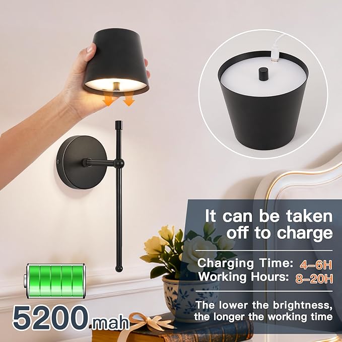 Battery Operated Wall Sconces Set of 2, Wireless Wall Sconce with Remote Dimmable Timer, Rechargeable 5200mAh, Cordless Wall Light for Bedroom Living Room, Hallway, Light Decor