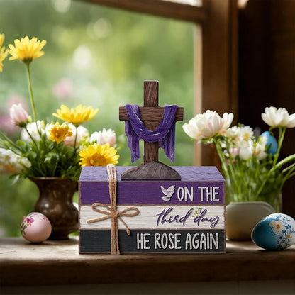 Geelin 4 Pcs Easter Lent Decorations for home, He Is Risen Wooden Sign Christian Tabletop with Cross and Scripture Theme for Table, Tiered Tray, Desk, Shelf, Faith Spring Decor