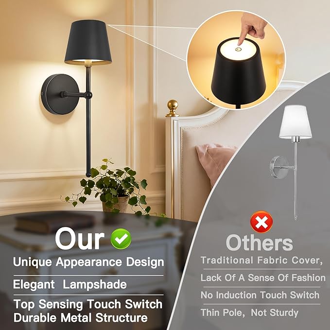 Battery Operated Wall Sconces Set of 2, Wireless Wall Sconce with Remote Dimmable Timer, Rechargeable 5200mAh, Cordless Wall Light for Bedroom Living Room, Hallway, Light Decor