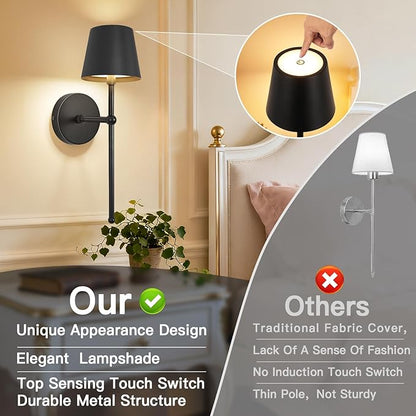 Battery Operated Wall Sconces Set of 2, Wireless Wall Sconce with Remote Dimmable Timer, Rechargeable 5200mAh, Cordless Wall Light for Bedroom Living Room, Hallway, Light Decor