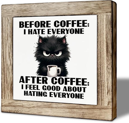 Funny Coffee Wooden Decor, Humorous Coffee Bar Wood Sign, I Feel Good About Hating Everyone, Funny Office Desk Decorative Sign, Farmhouse Cafe Decor Signs 5.9X5.9 Inches