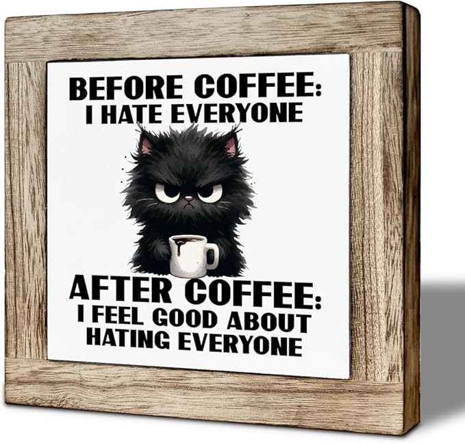 Funny Coffee Wooden Decor, Humorous Coffee Bar Wood Sign, I Feel Good About Hating Everyone, Funny Office Desk Decorative Sign, Farmhouse Cafe Decor Signs 5.9X5.9 Inches