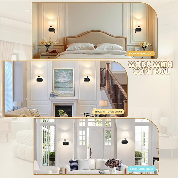 Battery Operated Wall Sconces Set of Two, Wireless Black Wall Lights with 10000mAh RGB Rechargeable Bulb and Remote Control, Sconces Wall Decor for Bedroom Living Room 11.2 in