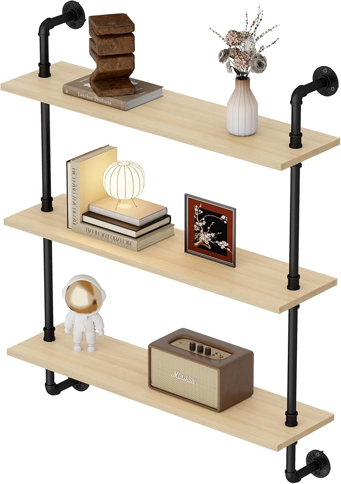 3-Tier Industrial Pipe Floating Shelf – Rustic 36 inch Wood Wall-Mounted Storage Shelf for Kitchen Office,Bathroom & Home Decor -White Oak
