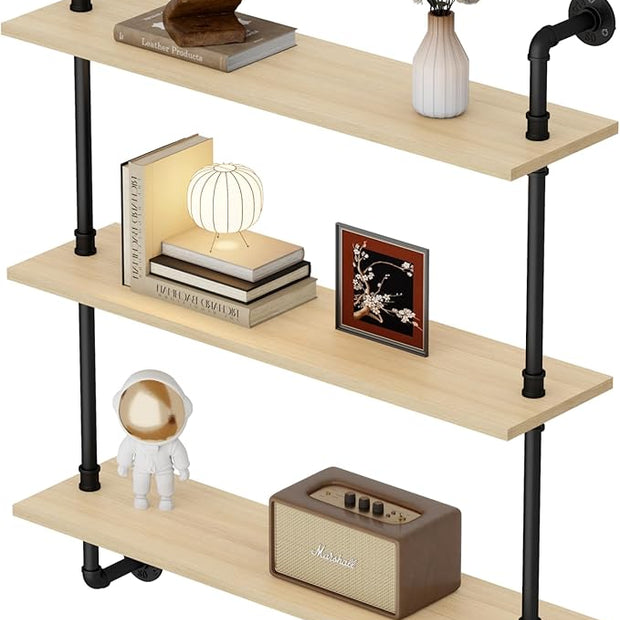 3-Tier Industrial Pipe Floating Shelf – Rustic 36 inch Wood Wall-Mounted Storage Shelf for Kitchen Office,Bathroom & Home Decor -White Oak