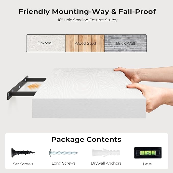 Fun Memories 55 Inch Floating Shelves for Wall, Fireplace Mantel Shelf with Invisible Heavy Duty Bracket, 8 Inch Deep Storage Shelf for Living Room, Kitchen, Farmhouse, White