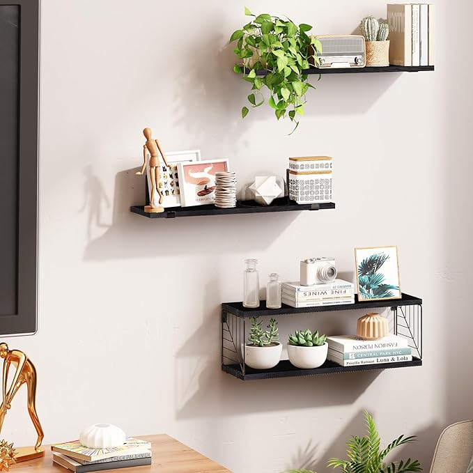 Fixwal 3+1 Tier Bathroom Floating Shelves Over Toilet, 15.8in Farmhouse Rustic Wood Shelves, Wall Decor for Bathroom, Living Room,Bedroom and Kitchen (Black)