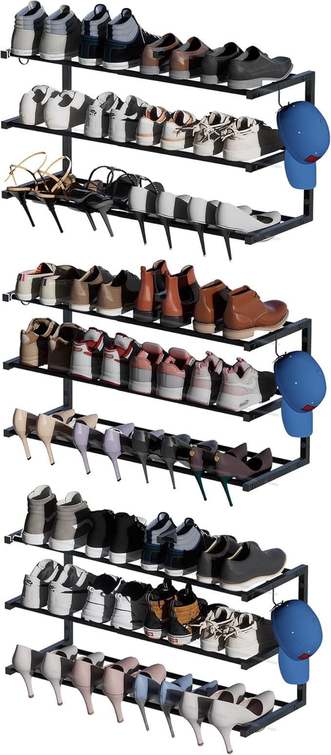 3 Pack Wall Mounted Shoe Rack, 3 Tier Hanging Shoe Rack Holds 36 Pairs, 17