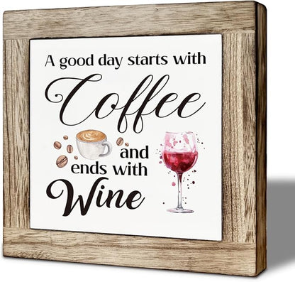 Coffee And Wine Decor Sign, Rustic Wooden Tabletop Decor, A Good Day Starts With Coffee And Ends With Wine Sign For Farmhouse Home Kitchen Bar Shelf Table 5.9×5.9 inch