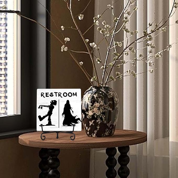 Halloween Bathroom Decor, Zombie Wooden Sign for Home Restroom Desk Shelf, Spooky Table Centerpieces for Washroom Accessories - A12