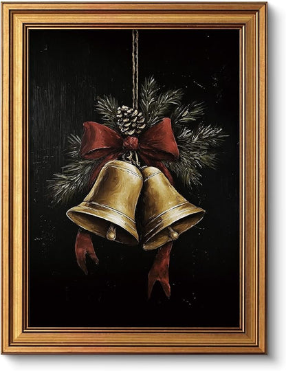VIYYIEA Gold Framed Canvas Art, Vintage Christmas Bells Decor, 12x16Inch, Winter Retro Jingle Bells Picture Painting Gifts, xmas Decorations for Bedroom Living Room Shelf Fireplace entryway