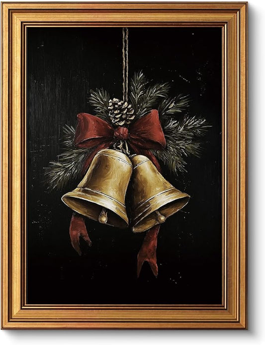 VIYYIEA Gold Framed Canvas Art, Vintage Christmas Bells Decor, 12x16Inch, Winter Retro Jingle Bells Picture Painting Gifts, xmas Decorations for Bedroom Living Room Shelf Fireplace entryway