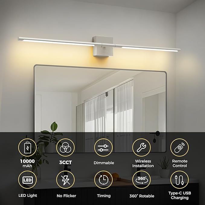 L LOHAS LED Battery Operated Wall Sconces Set of 2, Battery Wall Sconce 10000mAh, Nickel Rechargeable Sconces 3CCT, 31.6 Inch Wireless Wall Lights, Sconce Wall Decor for Bedroom, Living Room