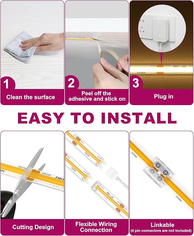 EMITEVER Under Cabinet Lighting kit, 6 PCS COB LED Strip Lights 3000K Warm White, UL Listed Dimmable Led Lights Strip for Kitchen Cabinet, Counter, Shelf, with Remote & Adapter, Timing, 9.8ft