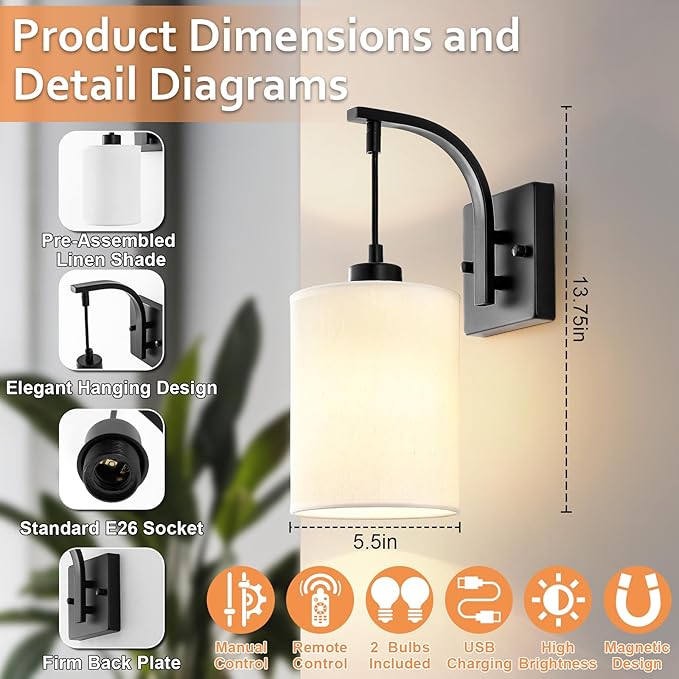 Battery Operated Wall Sconces Set of 2, Black Rechargeable Wall Sconces with Remote & Bulbs, Indoor Not Hardwired Wall Lights, 15 Colors Dimmable Cordless Wall Lamps for Living Room Bedroom Hallway