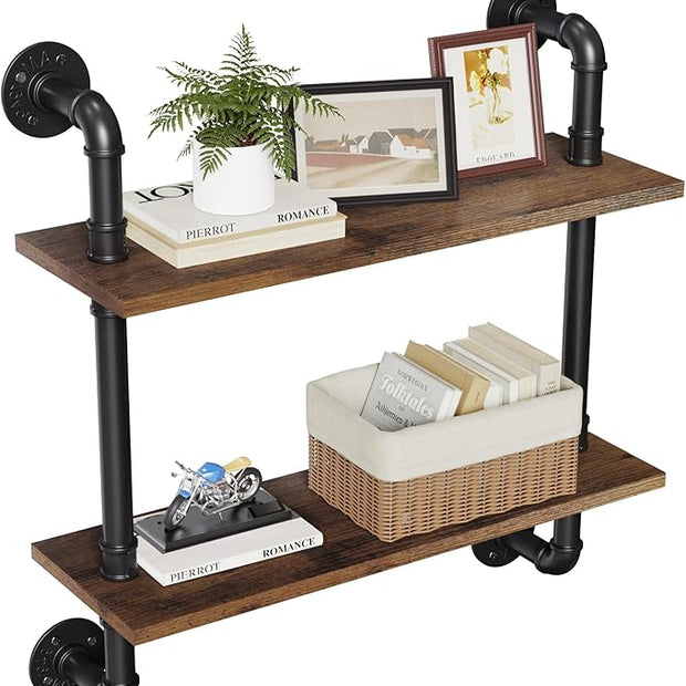 Merapi 24" Industrial Floating Shelves, Pipe Shelves for Wall, 2 Tier Rustic Wood Wall Shelves for Home Décor, Bedroom, Living Room, Bathroom