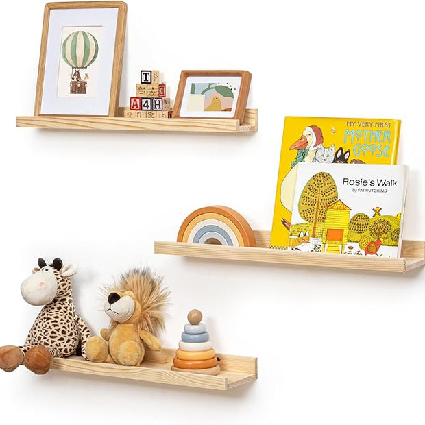 Picture Ledge Shelf for Wall, 24 inches Solid Pine Wood Nursery Book Shelves 3 Packs, Floating Ledge Shelves for Kids' Room Bedroom Bathroom Living Room Photo Frames Office Nursey Wall Decor, Natural