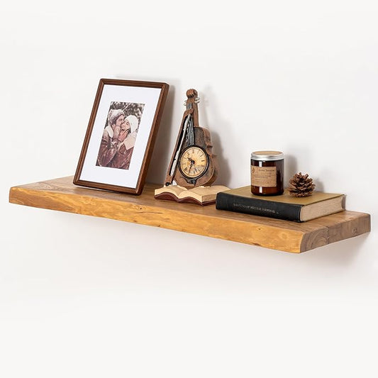 fuqing Live Edge Floating Shelves for Wall 36 Inch - 9 Inch Deep Solid Elm Wood Floating Wall Shelves - Rustic Natural Wooden Shelves with Upgraded Heavy Duty Brackets and Anchors