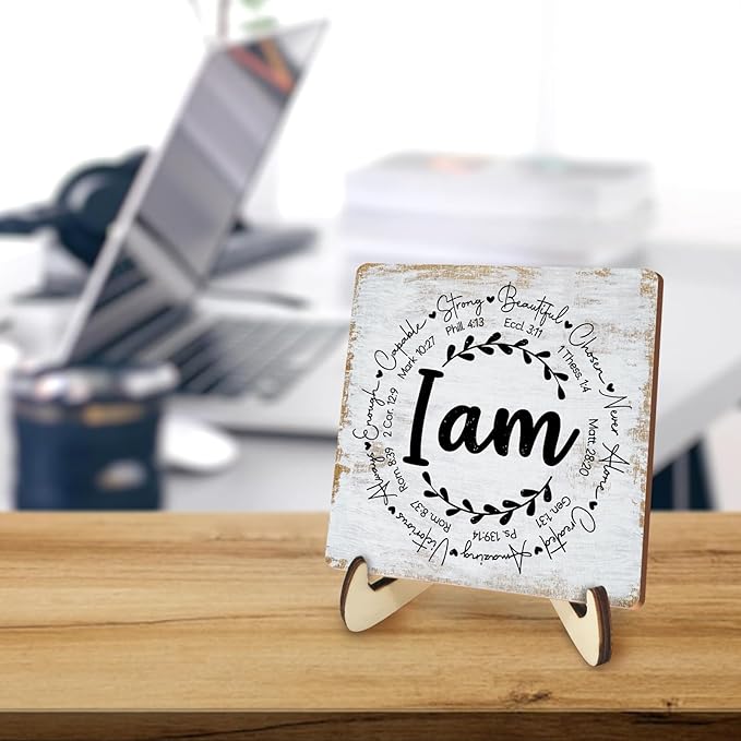 Inspirational Sign Rustic Desk Decor Decorative Christian Encouragement Religious Bible Verse Faith Decoration for Home Farmhouse Office Bathroom Table Shelf Counter Tiered Tray Plaque with Wood Stand