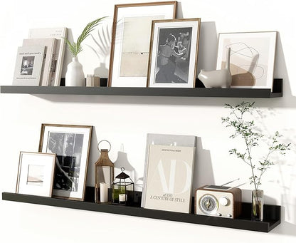 Fun Memories Picture Ledge Shelves Set of 2, 36 Inch Rustic Wall Mounted Floating Shelves with Lip for Home Storage and Décor in Bathroom, Kitchen, Nursery, Bedroom, Living Room, Black