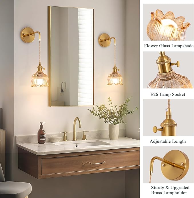 Vintage Battery Operated Wall Sconce Set of 2, Amber Glass Lampshade Wireless Rechargeable Battery Powered Wall Light, RGB Wall Sconce Fixtures for Bedroom, Living Room