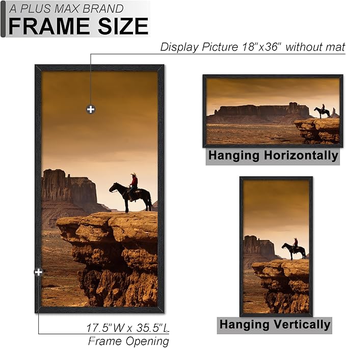 A PLUS MAX 18x36 Picture Frame Set of 2, Black Engineered Wood Frame for 18 x 36 Inch Picture Poster Photo, Light Weight 18 by 36 Frame with Wood-grain for Wall - 2 Pack/Black/18 x36