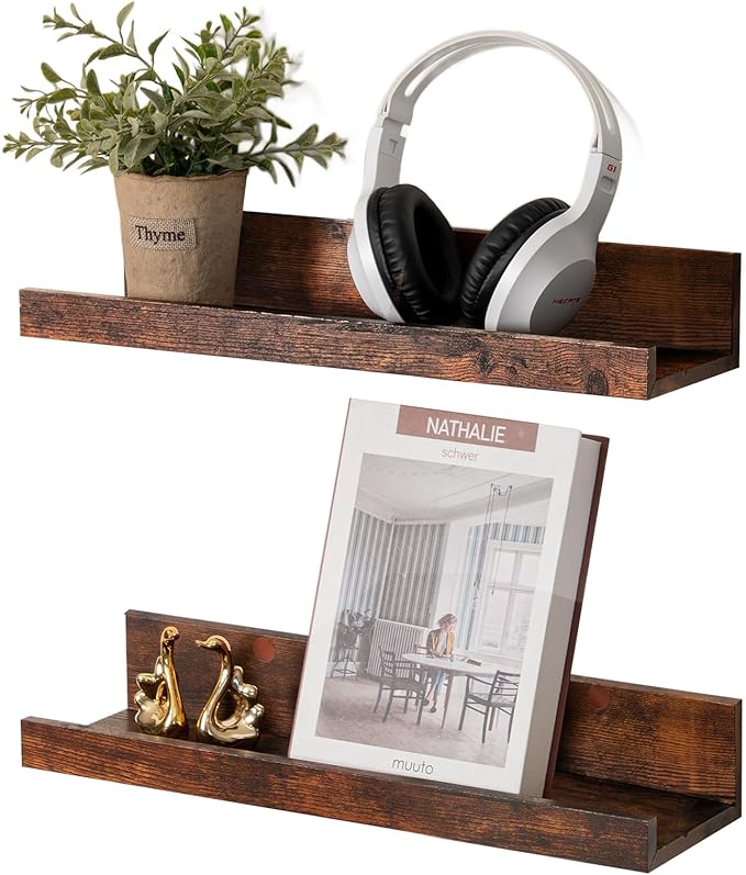 Muzilife 16" Floating Wall Ledge Shelves with Lip - Set of 2 Wood Floating Shelves - Honey Brown Wall Mounted Picture Ledge for Office, Bathroom, Bedroom, Living Room, Kitchen