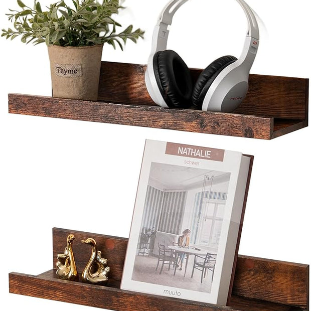 Muzilife 16" Floating Wall Ledge Shelves with Lip - Set of 2 Wood Floating Shelves - Honey Brown Wall Mounted Picture Ledge for Office, Bathroom, Bedroom, Living Room, Kitchen