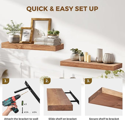 24x8x1.6 inch Floating Shelves Set of 2 – Solid Wood Rustic Oak Wall Mounted Shelf for Kitchen, Bathroom, Living Room