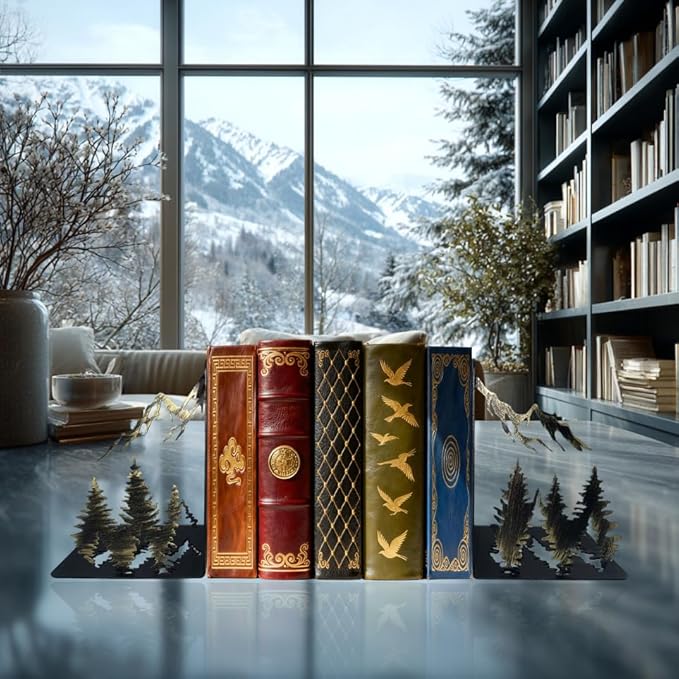 Vintage Gold Mountain Bookends – Hand-Painted Metal Forest Book Ends for Shelves, Rustic Cabin Decor Book Holders, Heavy Duty Book Stoppers with Golden Mountain & Pine Trees Design