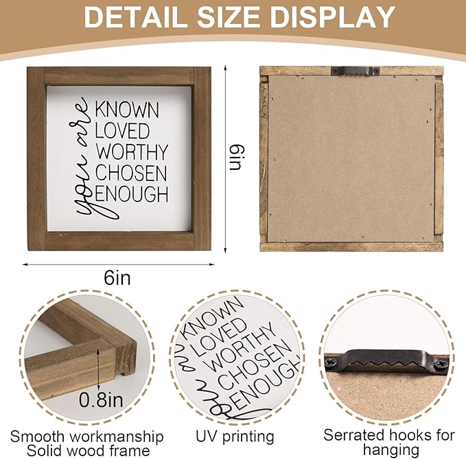 flangairy You Are Known Loved Worthy Chosen Enough Inspirational Sign, 6 Inch Wooden Positive Affirmations Wall Art Decor, Office Bedroom Bathroom Table Shelf Home Decorations