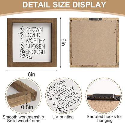 flangairy You Are Known Loved Worthy Chosen Enough Inspirational Sign, 6 Inch Wooden Positive Affirmations Wall Art Decor, Office Bedroom Bathroom Table Shelf Home Decorations