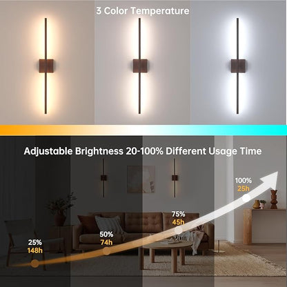Battery Operated Wall Sconce Set of 2, 10400mAh Rechargeable Wall Sconces, 3000K-6000K Dimmable, 350°Rotate, Indoor Wall Lights for Bedroom Living Room Bathroom, Black Walnut, 31.5 Inch